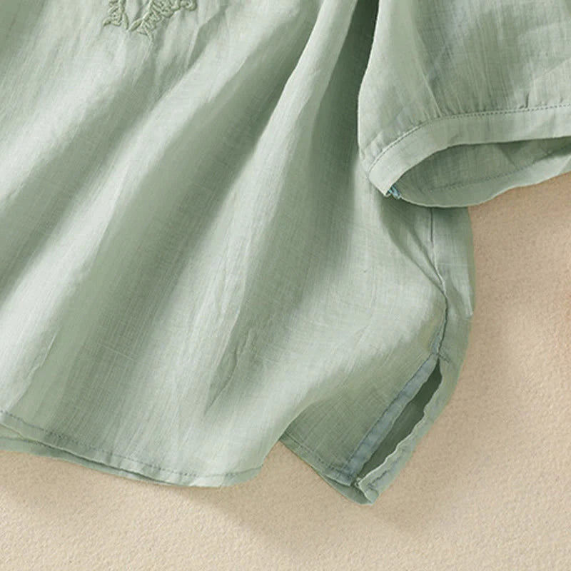 Buddha Stones Summer Embroidery Flower Lace-up Design Notched Collar Women's Short Sleeve Shirt
