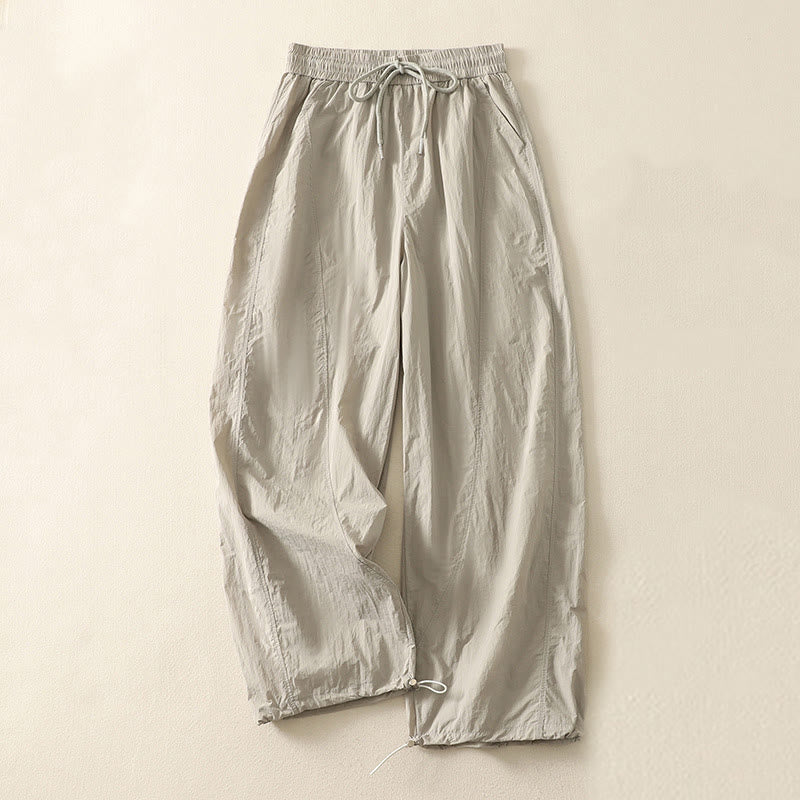 Buddha Stones Summer Vintage Plain Drawstring Cuffed Women's Pants With Pockets
