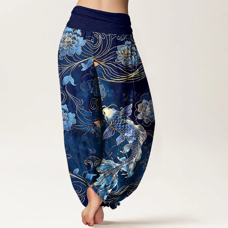 Buddha Stones Pure Cotton Dreamlike Koi Fish Peony Curve Pattern Women's Elastic Waist Harem Pants