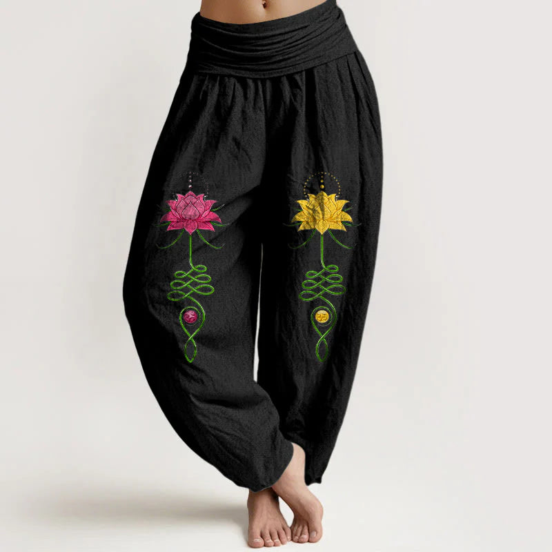 Buddha Stones Pure Cotton Strong Color Contrast Lotus Flower Pattern Women's Elastic Waist Harem Pants