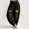 Buddha Stones Pure Cotton Strong Color Contrast Lotus Flower Pattern Women's Elastic Waist Harem Pants