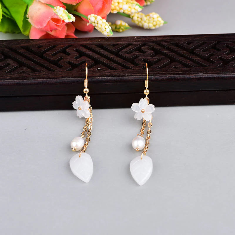 Buddha Stones Pearl White Flower Leaves Happiness Drop Earrings