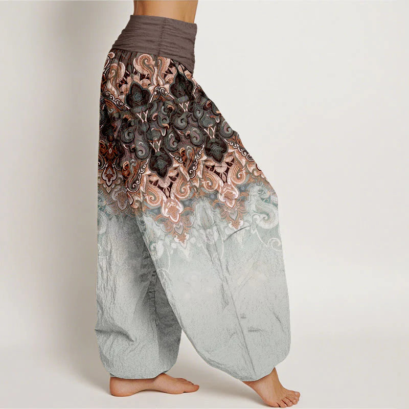 Buddha Stones Paisley Floral Gradient Design Women's Pure Cotton Elastic Waist Harem Pants