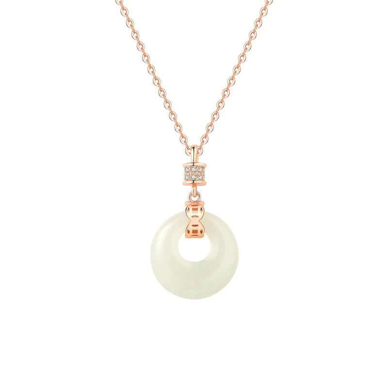 Buddha Stones 925 Sterling Silver Hetian White Jade Coin Flower Peace Buckle Luck Necklace Pendant