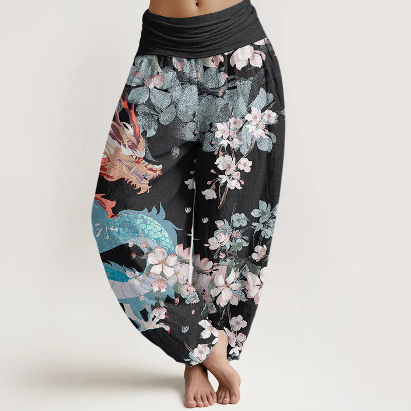Buddha Stones Cotton Casual Dragon Cherry Blossoms Women's Elastic Waist Harem Pants