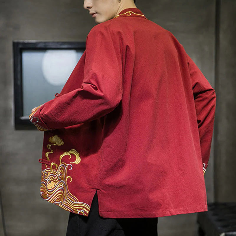Buddha Stones Embroidered Clouds Frog-Button Long Sleeve Men's Cotton Tang Suit Jacket
