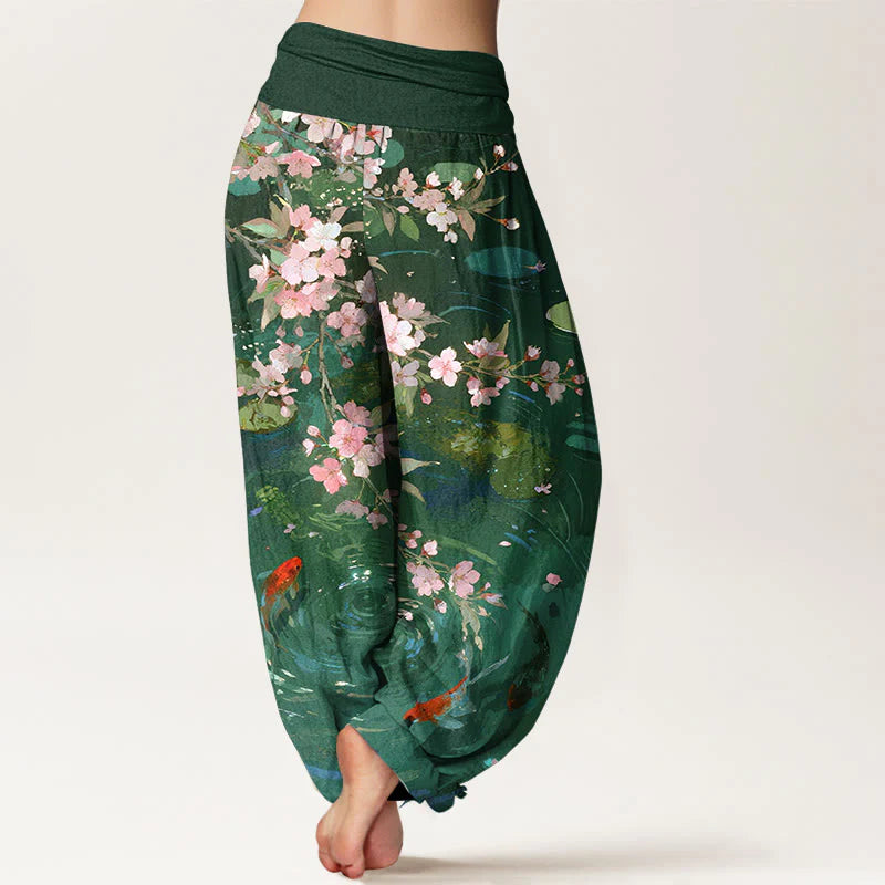 Buddha Stones Pure Cotton Sakura Blossoms Koi Fish Lotus Leaves Women's Elastic Waist Harem Pants