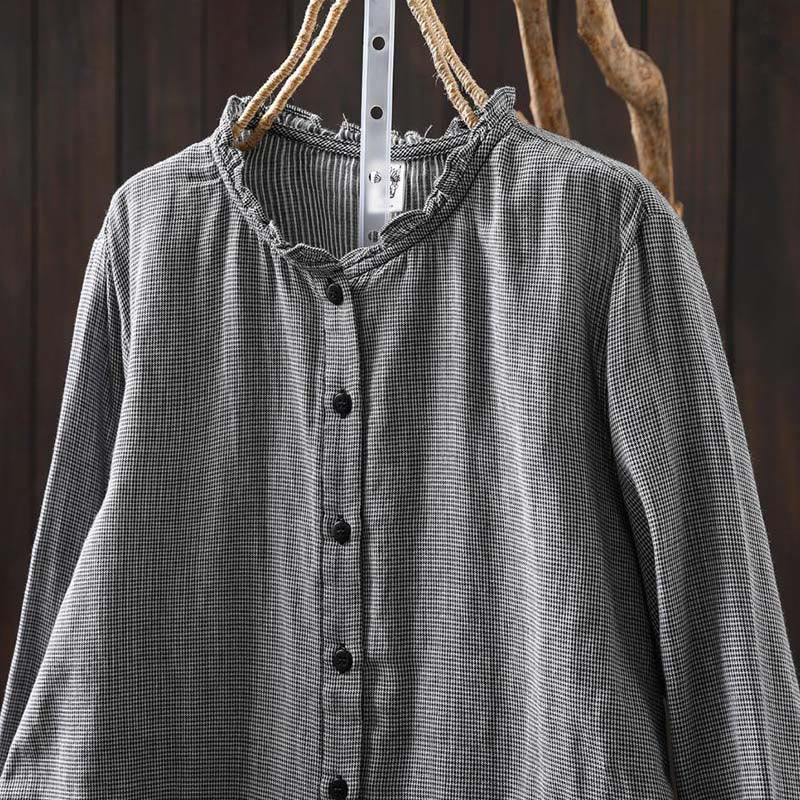 Buddha Stones Fall Small Plaid Button Down Ruffle Collar Long Sleeve Women's Cotton Shirt