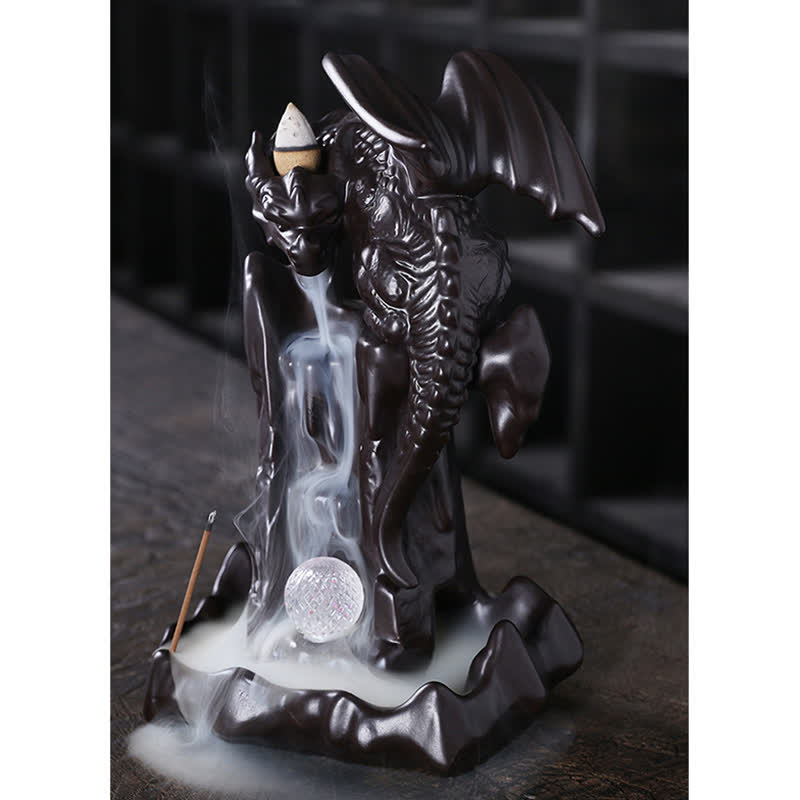 Buddha Stones Nordic Dragon Ceramic Backflow Smoke Fountain Meditation Healing Incense Burner Led Ball Decoration
