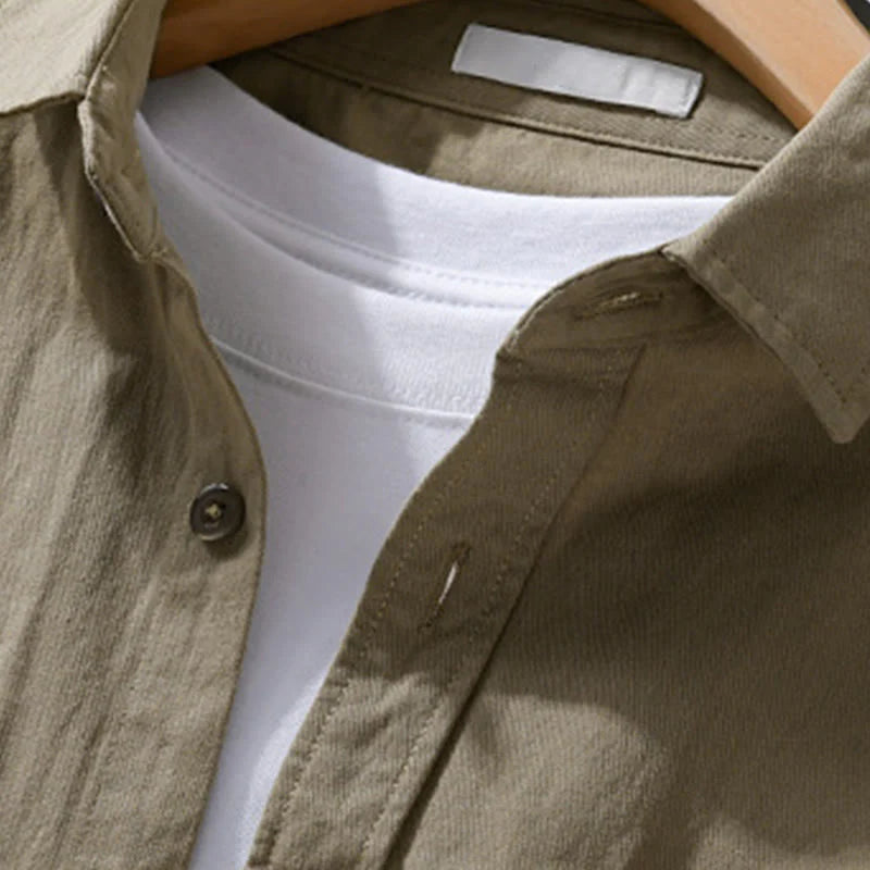 Buddha Stones Casual Solid Buttons Down Decorative Pocket Men's Stand Collar Long Sleeve Cotton Shirt