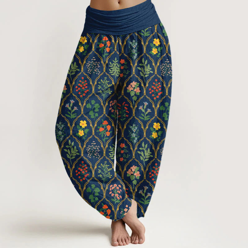 Buddha Stones Pure Cotton Brilliant Flowers Berries Leaves Pattern Women's Elastic Waist Harem Pants