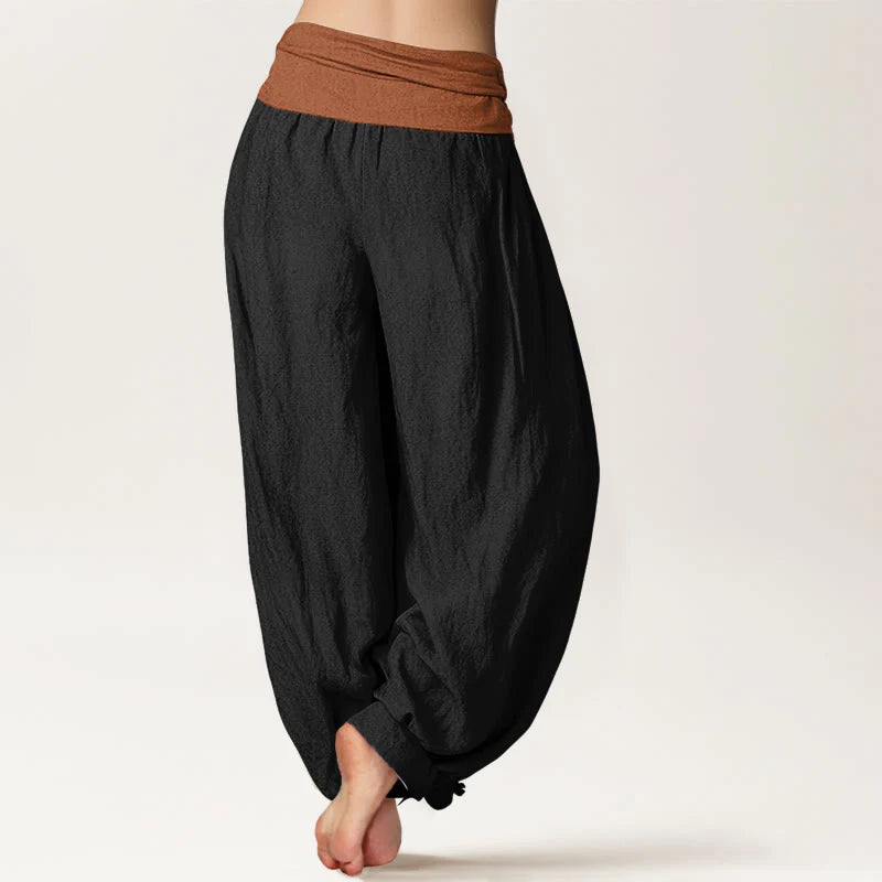 Buddha Stones Cotton Green Black Brown Red Solid Color Women's Elastic Waist Harem Pants