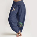 Buddha Stones Women's Pure Cotton Crane Pine Tree Pattern Elastic Waist Harem Pants