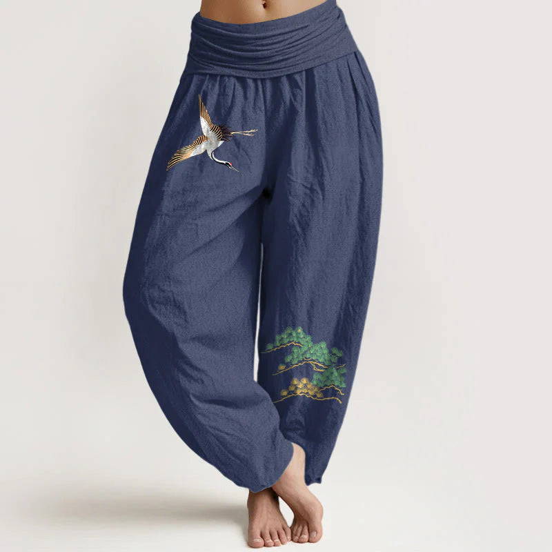 Buddha Stones Women's Pure Cotton Crane Pine Tree Pattern Elastic Waist Harem Pants