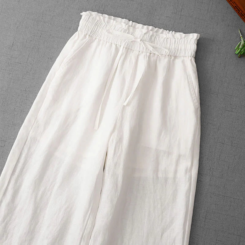 Buddha Stones Casual High Waist Ruffled Drawstring Design Women's Wide Leg Cotton Pants With Pockets
