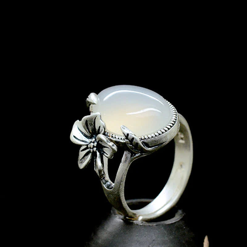 Buddha Stones 990 Sterling Silver Natural Chalcedony Plum Positive Harmony Ring