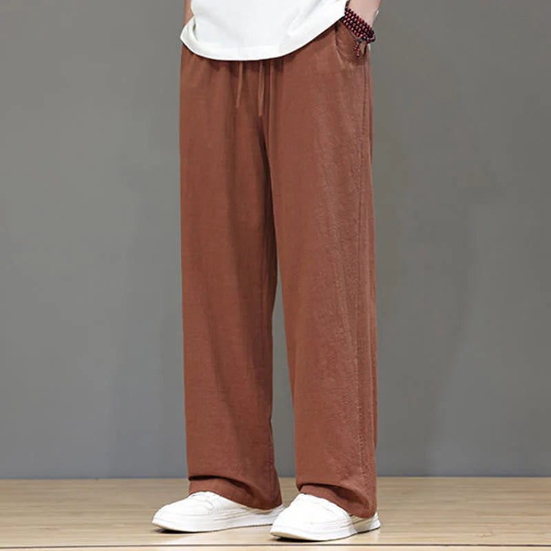Buddha Stones Summer Men's Cotton Linen Straight Leg Pants With Pockets