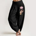 Buddha Stones Hand Holding Delicate Lotus Pattern Women's Elastic Waist Harem Cotton Pants