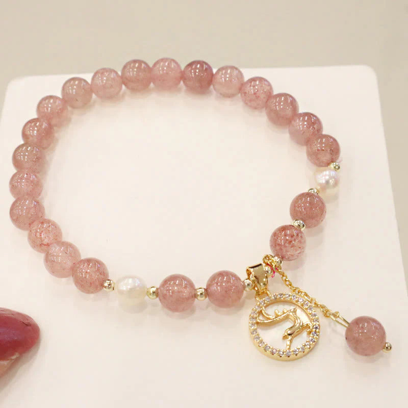 Buddha Stones Strawberry Quartz Pearl Elk Smiley Face Fishtail Fu Character Charm Healing Bracelet