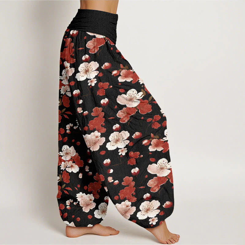 Buddha Stones Cotton Pink Red Peach Blossoms Design Women's Elastic Waist Harem Pants