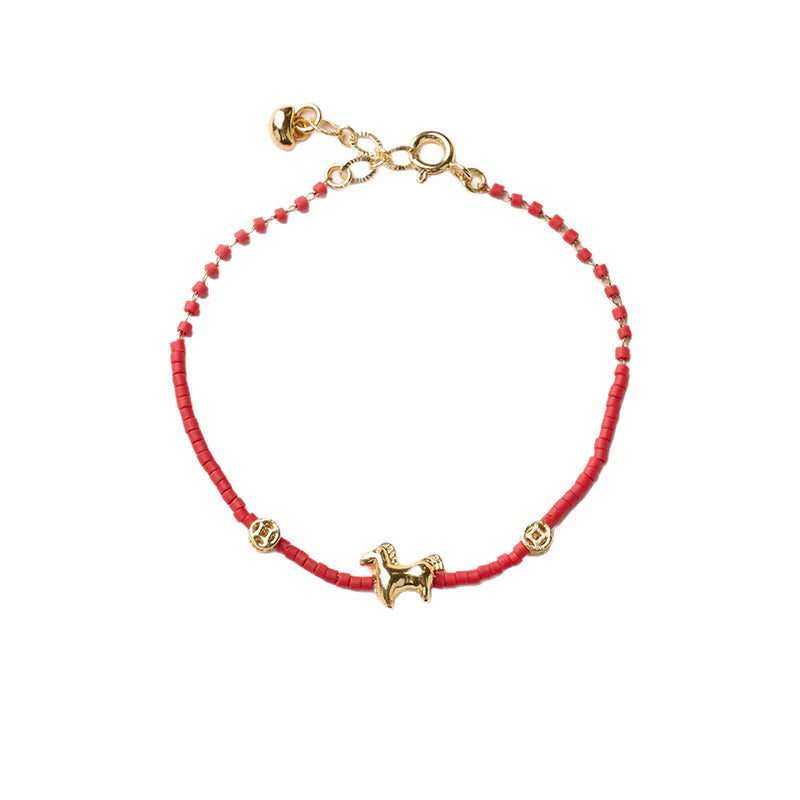 Buddha Stones 925 Sterling Silver Plated Gold Year of the Horse Red Liuli Glass Prosperity Bracelet