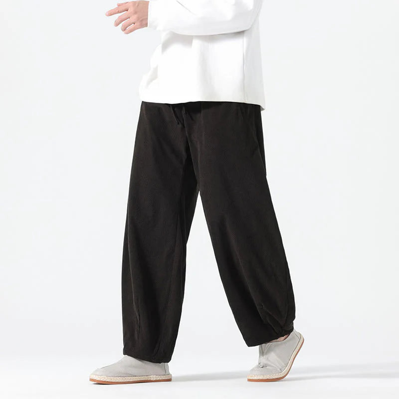 Buddha Stones Spring Pure Color Drawstring Design Corduroy Cotton Men's Harem Pants With Pockets