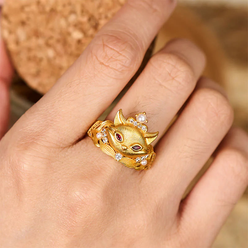 Buddha Stones Fox Head Design 24k Gold Plated Brass Adjustable Ring