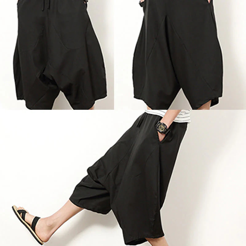 Buddha Stones Spring Plain Simple Patchwork Design Drawstring Cotton Linen Men's 7-8 Length Wide Leg Pants With Pockets