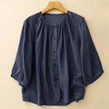 Buddha Stones Plain Button Crew Neck Design Women's Blend Three Quarter Sleeve Shirt