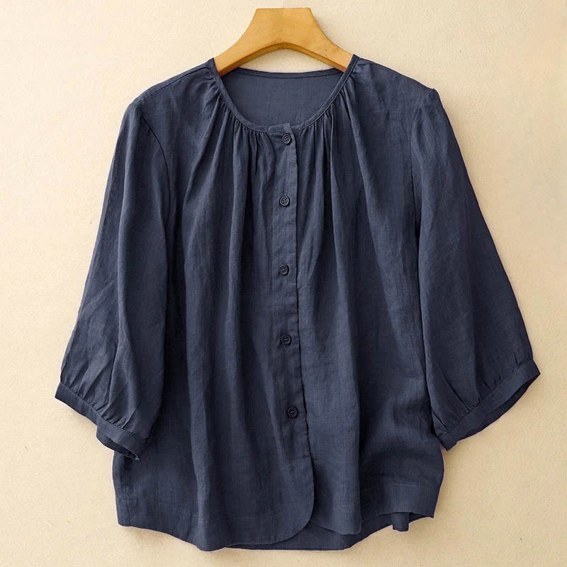 Buddha Stones Plain Button Crew Neck Design Women's Blend Three Quarter Sleeve Shirt