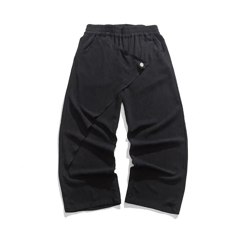 Buddha Stones Asymmetrical Patched Design Plain Men's Cotton Pants With Pockets