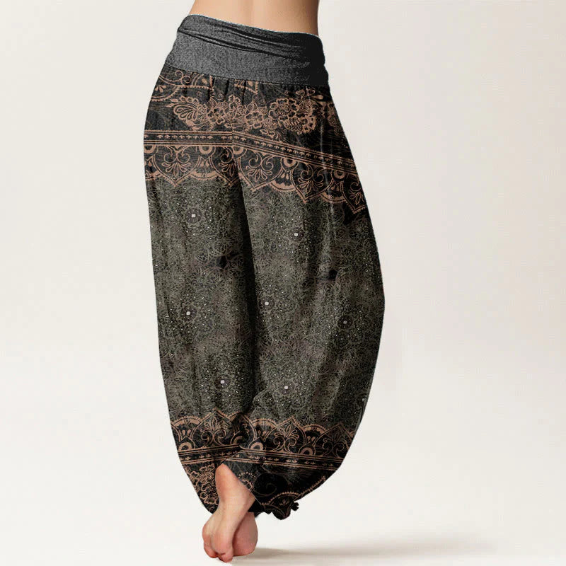 Buddha Stones Cotton Elegant Mandala Flowers Design Women's Elastic Waist Harem Pants