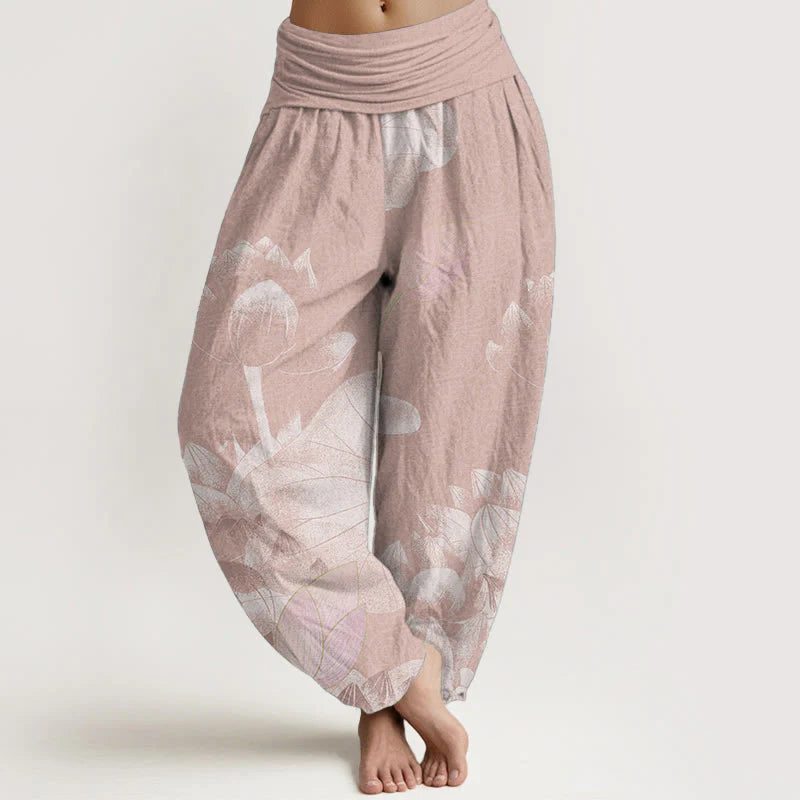 Buddha Stones Cotton Pink And White Lotus Women's Elastic Waist Harem Pants