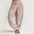 Buddha Stones Cotton Pink And White Lotus Women's Elastic Waist Harem Pants