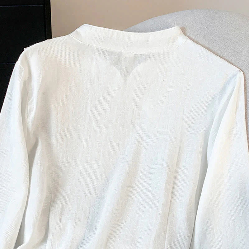 Buddha Stones Commute Jacquard Chinese Frog-Button Mandarin Collar Long Sleeve Women's Cotton Shirt