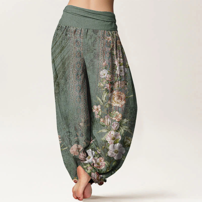 Buddha Stones Cotton Ethnic Floral Ethnic Totem Pattern Women's Elastic Waist Harem Pants