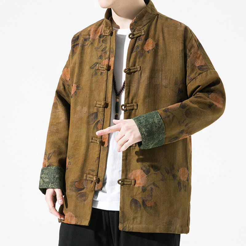 Buddha Stones Spring Printed Floral Pattern Men's Chinese Frog-button Long Sleeve Cotton Jacket