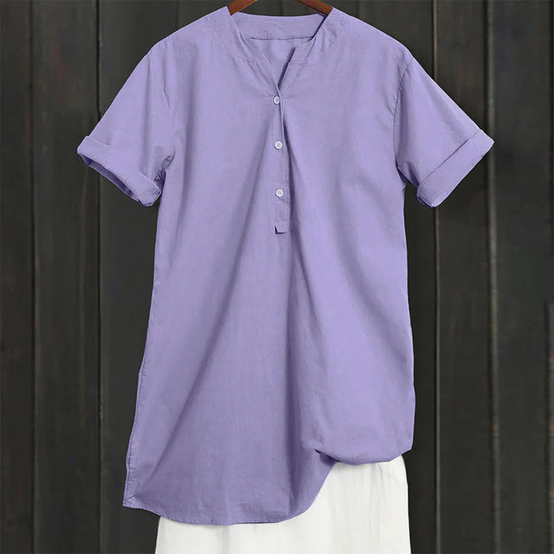 Buddha Stones Casual Plain Button Notched Collar Women's Short Sleeve Shirt