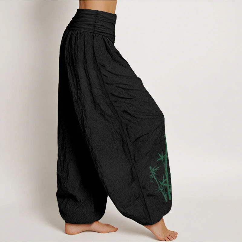 Buddha Stones Pure Cotton Elegant Sun Crane Bamboo Pattern Women's Elastic Waist Harem Pants