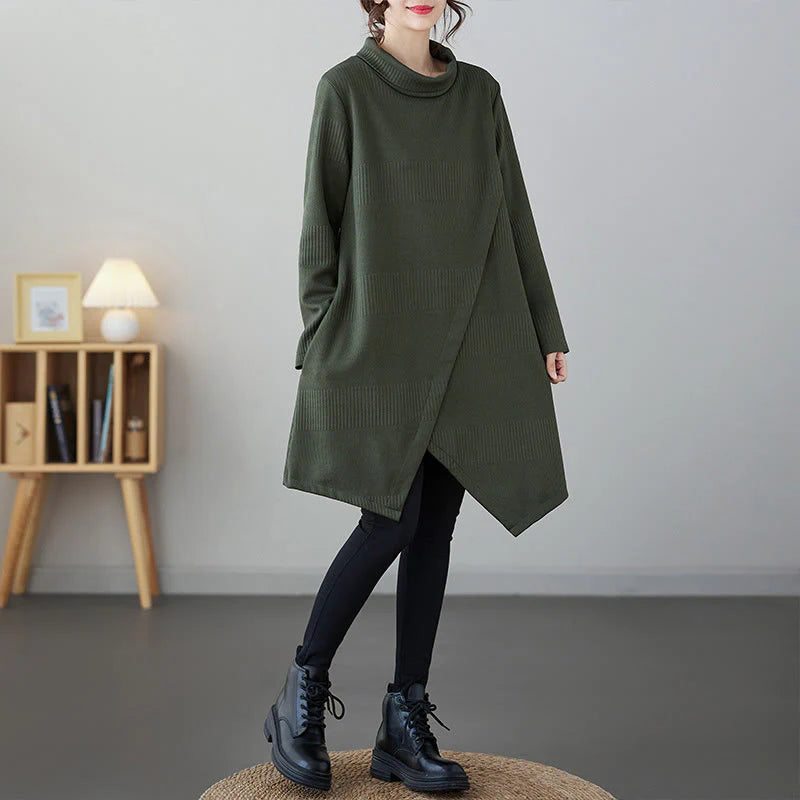 Buddha Stones Winter Irregular Hem Design Mock Neck Long Sleeve Midi Dress With Pockets