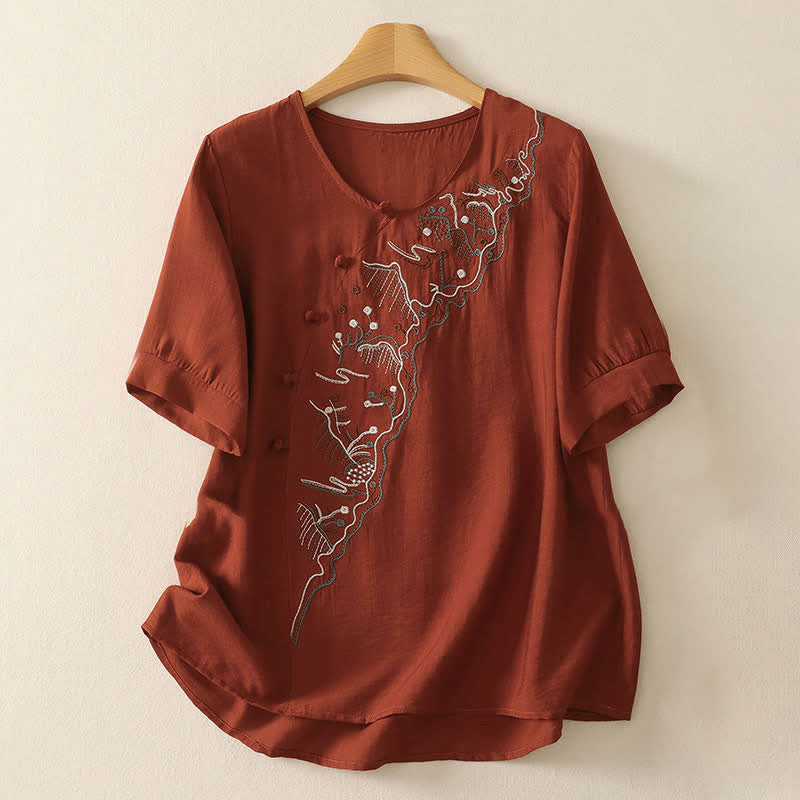 Buddha Stones Summer Mountain Embroidered Crew Neck Women's Short Sleeve Shirt