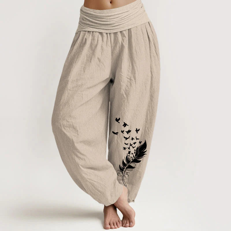 Buddha Stones Pure Cotton Vivid Bird Feather Pattern Women's Elastic Waist Harem Pants