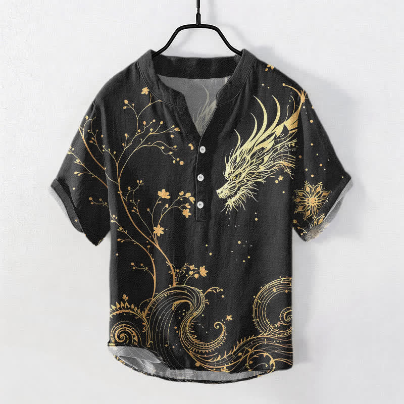 Buddha Stones Cotton Wave Dragon Flower Pattern Men's Short Sleeve Half Button Shirt