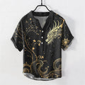 Buddha Stones Cotton Wave Dragon Flower Pattern Men's Short Sleeve Half Button Shirt