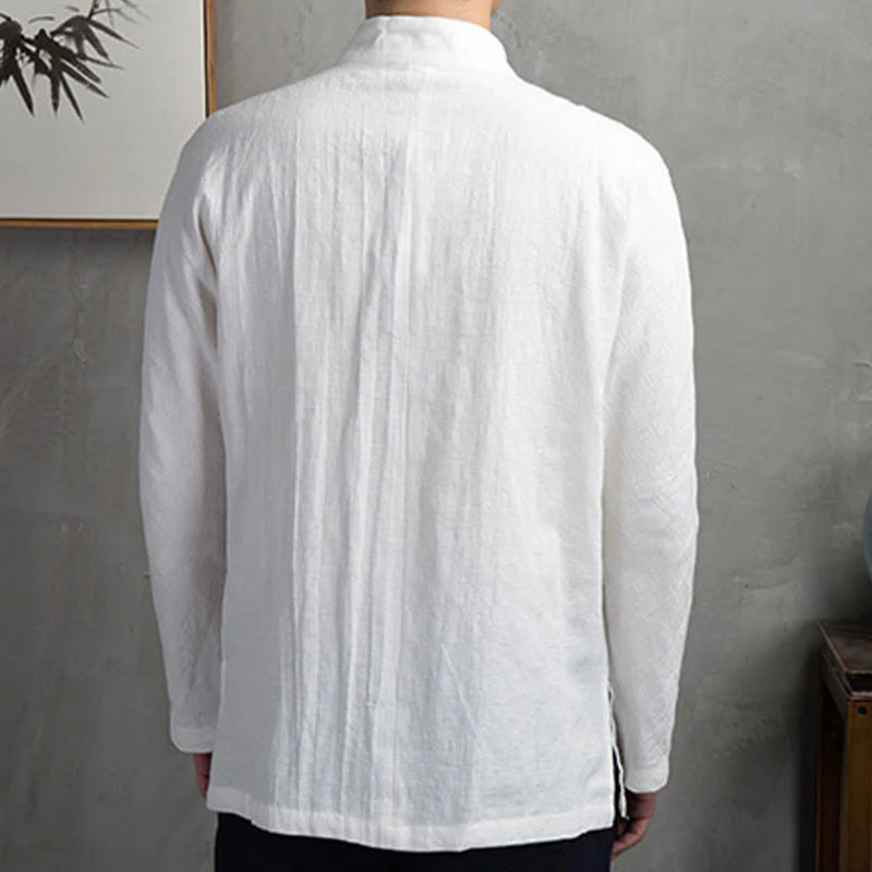 Buddha Stones Solid Color Casual Frog-button Men's Shirt Clothing