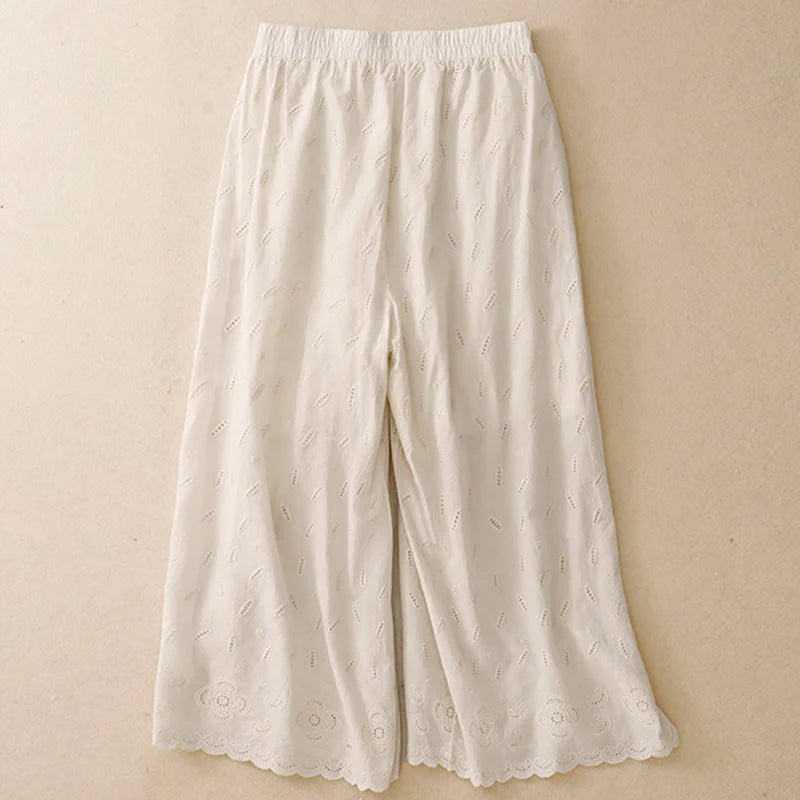 Buddha Stones Summer Vintage Embroidery Lace Hem Patchwork Design Women's Wide Leg Cotton Pants With Pockets