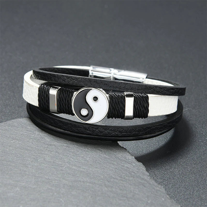 Buddha Stones Black White YIN YANG Multilayered Leather Balance Bracelet
