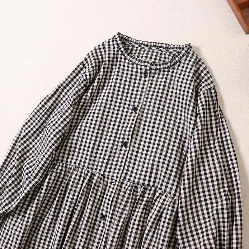 Buddha Stones Long Sleeve Plaid Simple Buttons Ruffled Design Midi Dress With Pockets