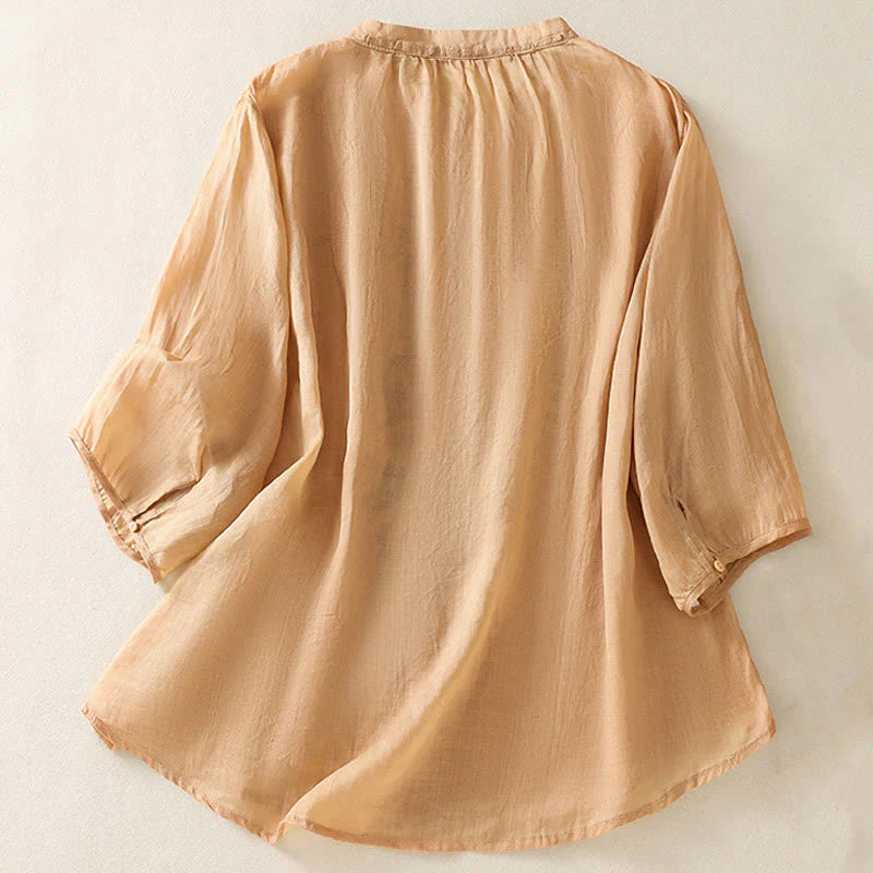 Buddha Stones Casual Artistic Embroidery Leaves Pattern Women's Cotton Linen Three Quarter Sleeve Shirt Cardigan