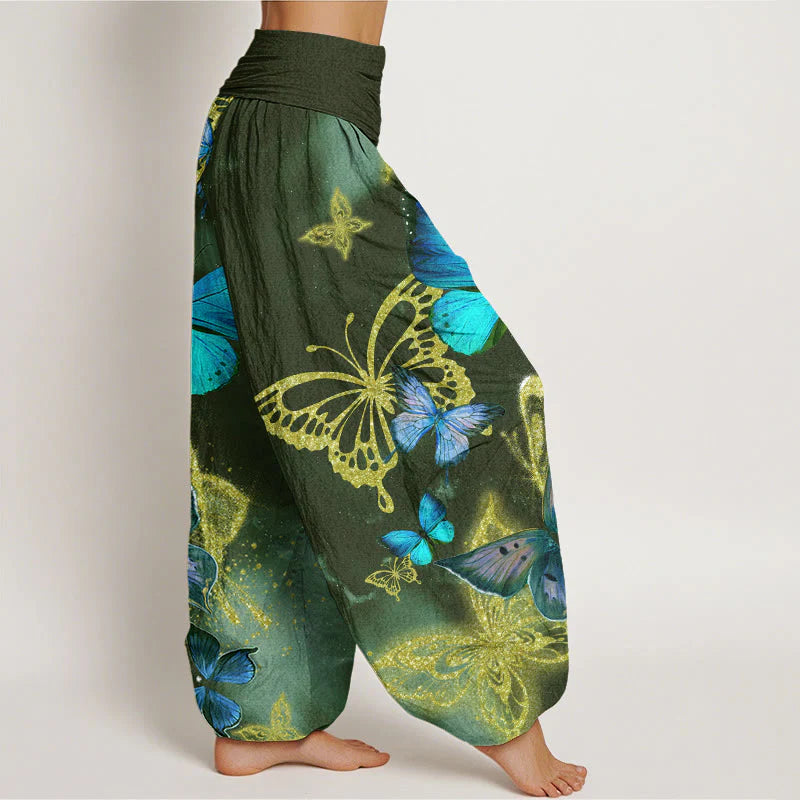 Buddha Stones Cotton Casual Butterfly Gold Pattern Women's Elastic Waist Harem Pants